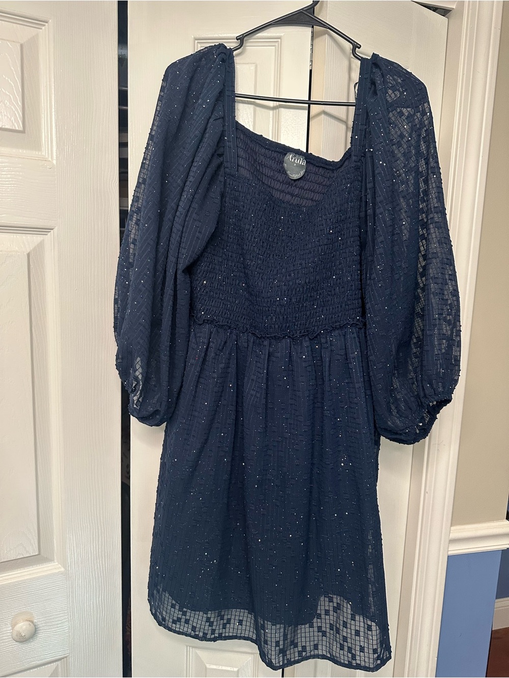 Navy Blue Sparkle Puff-Sleeve Dress
